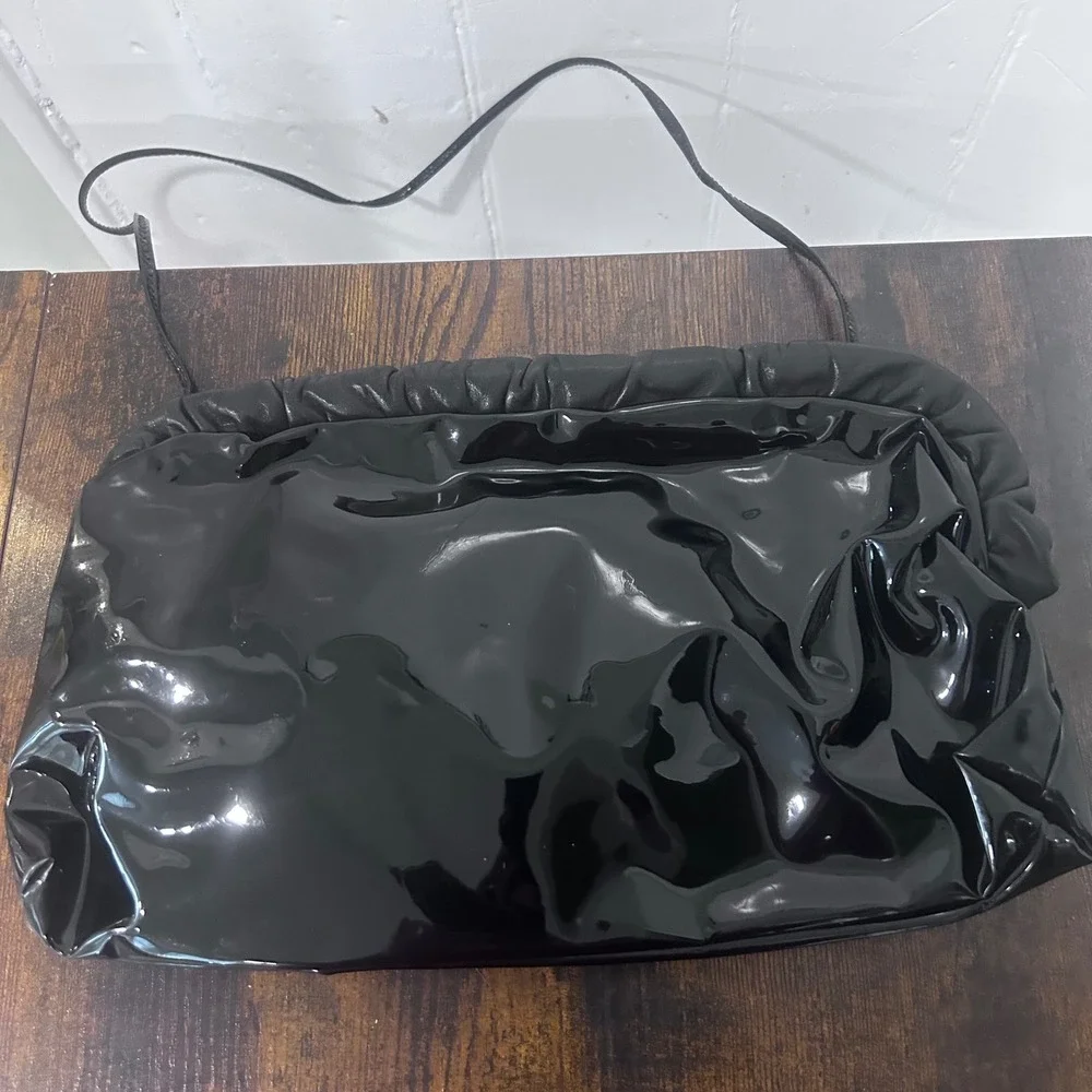 Vintage Black Patent Leather Ruched Frame Shoulder Bag Clutch Evening Purse